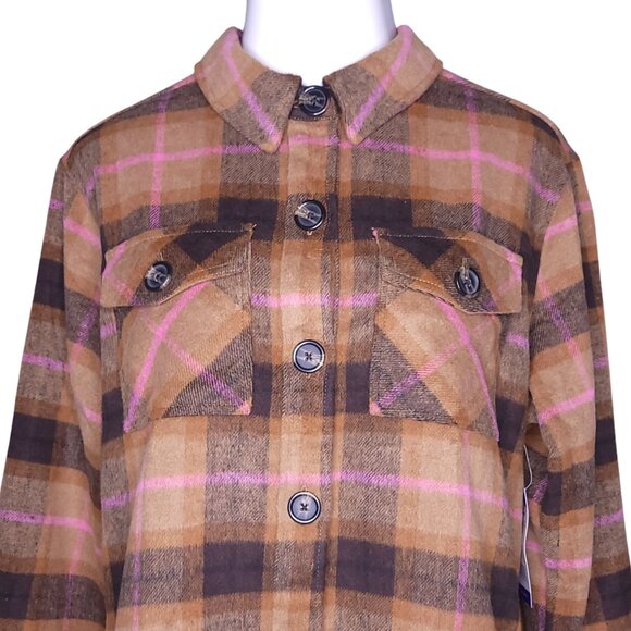 BB Dakota Steve Madden Womens Shacket XL Brown & Pink Plaid Boxy Long Sleeve - Picture 1 of 6